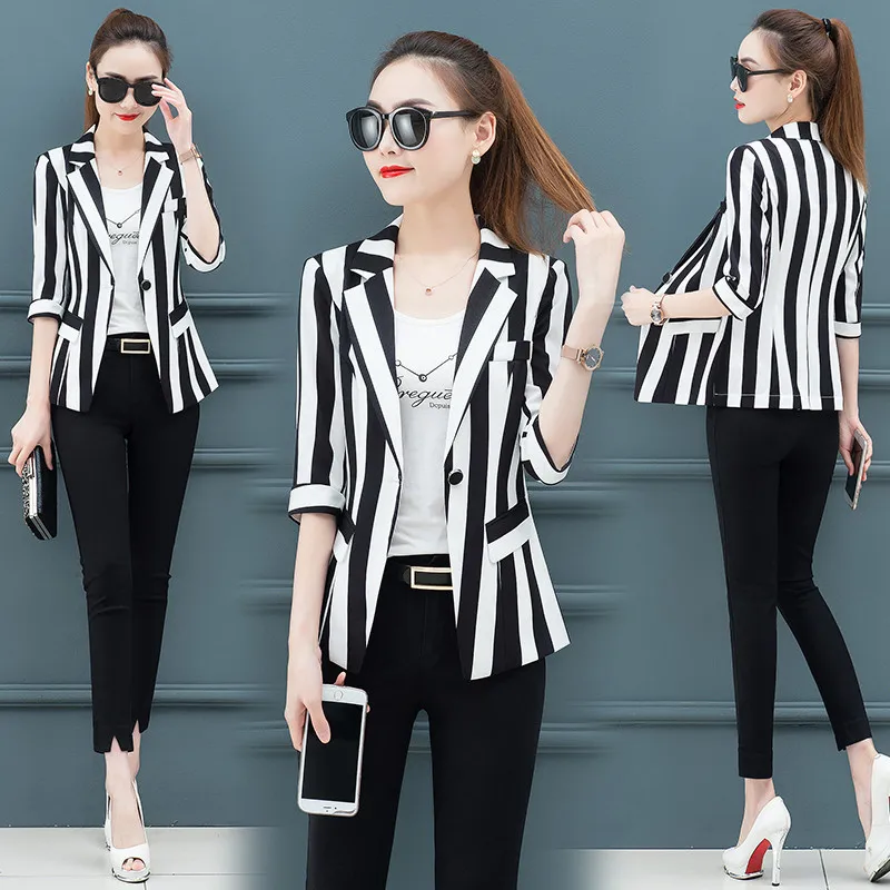 2022 Fashion Striped Office Lady Suit Jacket Korean Spring Summer Slim Short Blazers Coats for Women Clothing Outerwear b298