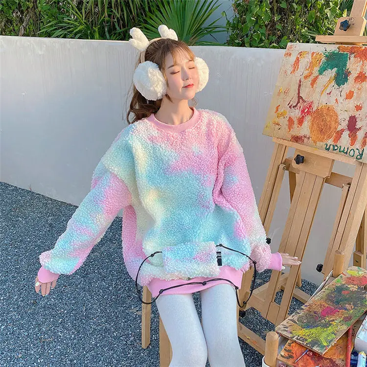 2021 New Winter Rainbow Kawaii oversize Harajuku felpe con cappuccio da donna felpa calda dolce top High Street abiti in stile coreano