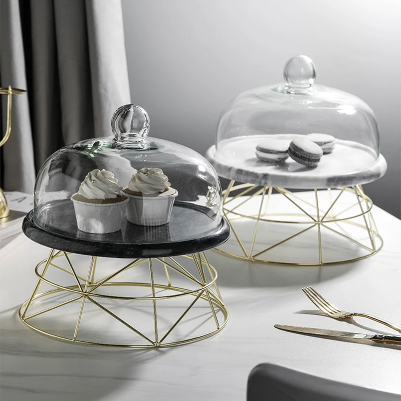 Marble Tray Tall Cake Stand with Glass Cover Dessert Table Creative Cake Tray Golden Fruit Jewelry Cosmetic Teacup Storage Tray