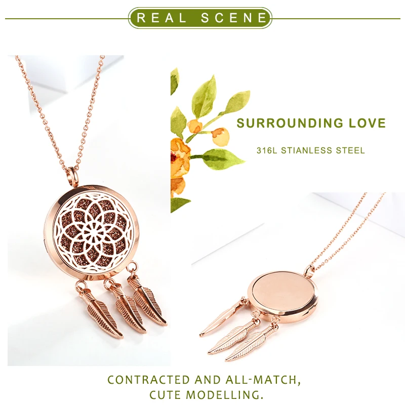 316L Stainless Steel Dreamcatcher Essential Oil Diffuser Locket Pendant Aromatherapy Diffuser for Women Jewelry