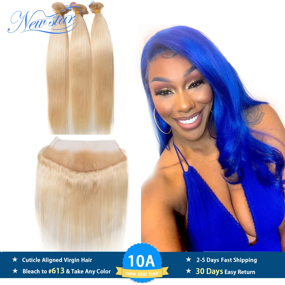 Mèches brésiliennes Remy lisses avec Frontal – Star, 613 cheveux naturels, blond miel, 13x4, Extension capillaire, avec Closure, 3 lots, nouveauté 100%