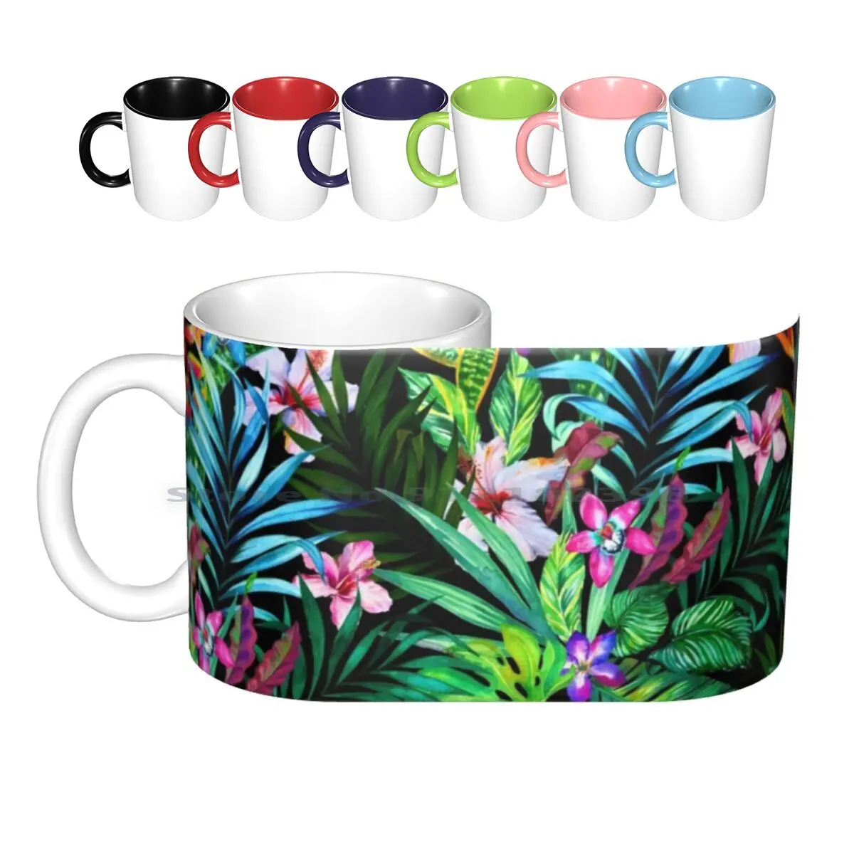 Tropical Fest Ceramic Mugs Coffee Cups Milk Tea Mug Flower Floral Swimwear Leaf Spring Darkness Dark Night Bouquet Neon