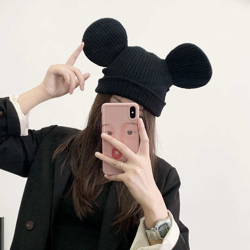 Disney Mickey Mouse Winter Parent-Child Knitted Hat Mother Boy Girl Skullies Beanies Autumn Warm Adult Kids Caps Big Ears Hat