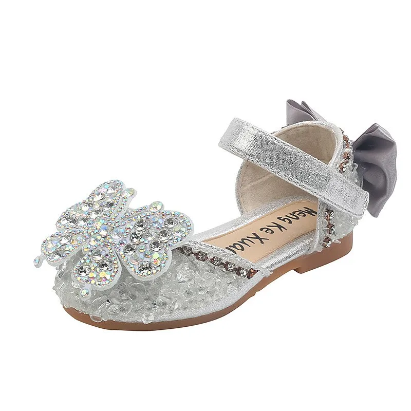 Sandalias de fondo suave para niños y niñas, zapatos con diamantes de imitación, sandalias de princesa con lazo, zapatos planos antideslizantes de