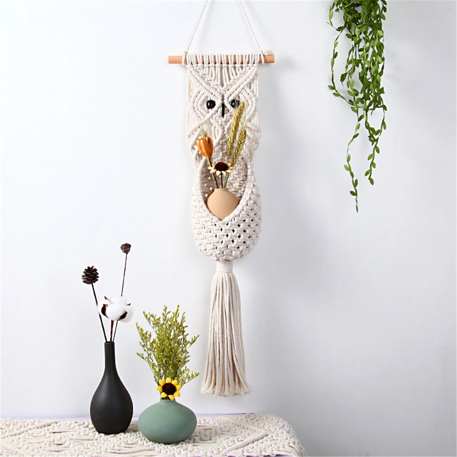 Hand-woven Tapestry Bohemian Style Cute Owl Shape Flower Basket Wall Hanging Decoration For Living Room Bedroom