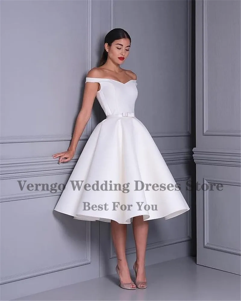 Verngo-Robe de mariée ligne A en satin simple, hors de l'initiative, convertible, longueur de thé, robe de patients pour la fête de fiançailles personnalisée