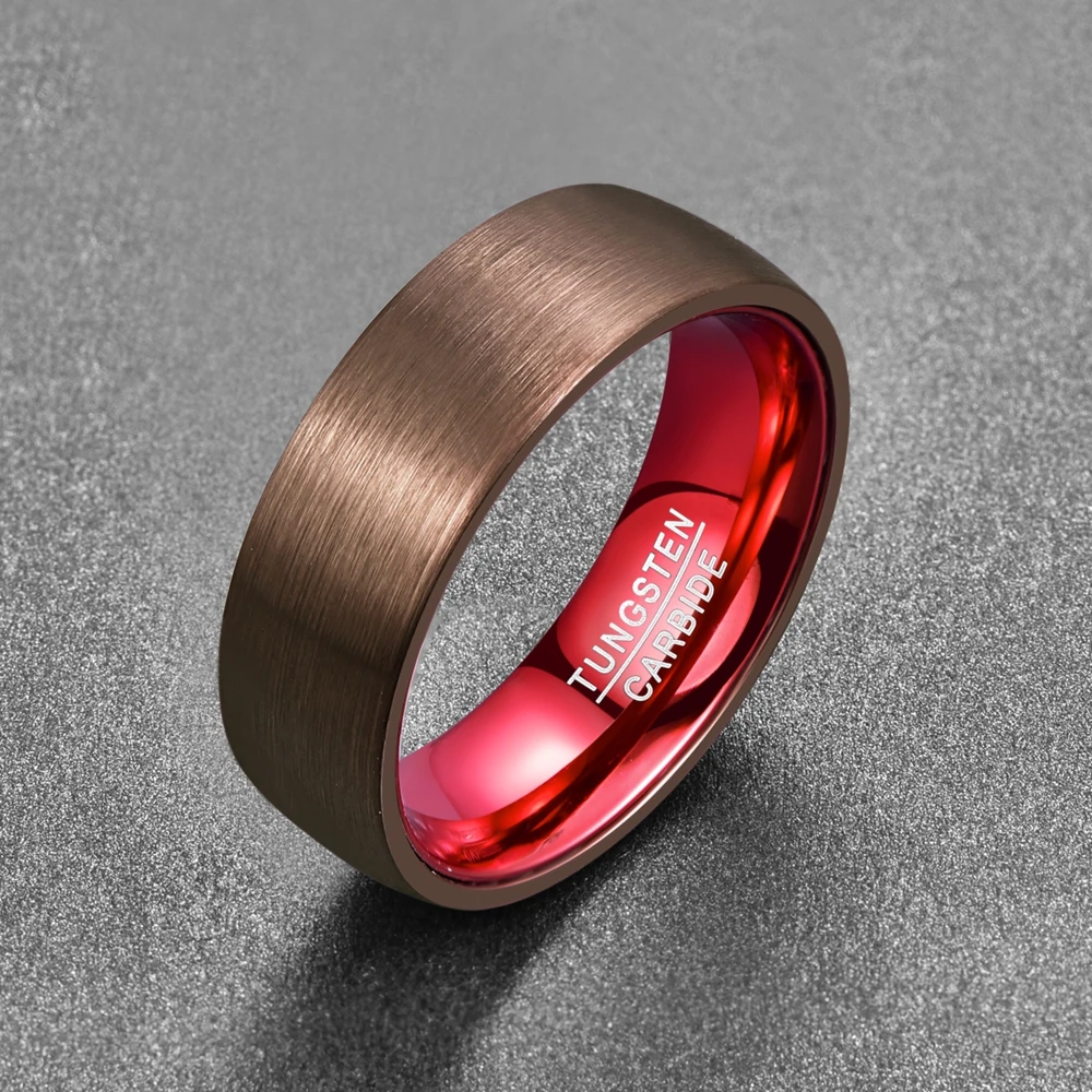 JQUEEN 8mm Tungsten Carbide Ring Plated Brown Red Dome Tungsten Ring Engagement Wedding Brands Mens Rings Comfort Fit