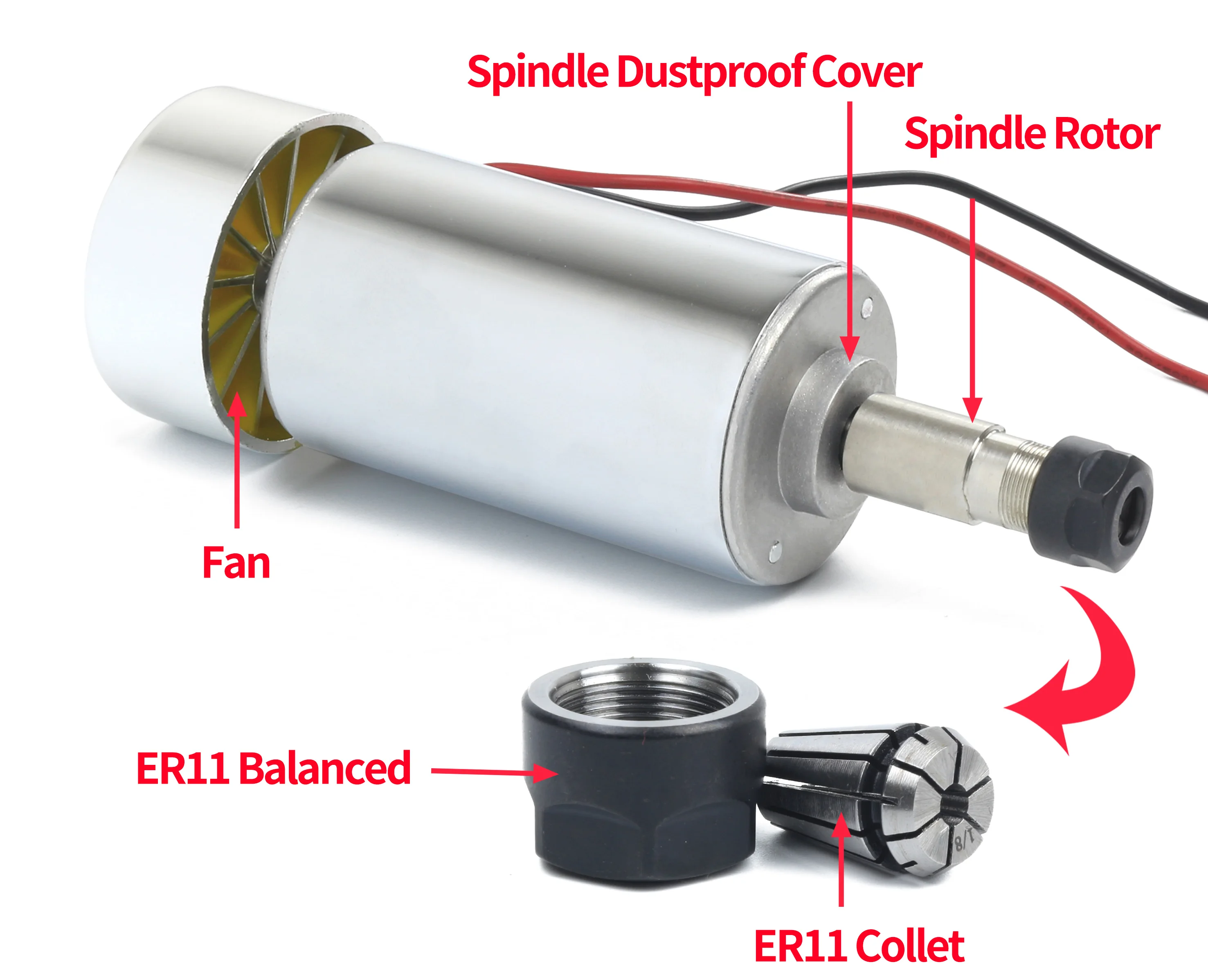 CNC 200W 300W 400W 500W 12-48V DC Air Cooled Spindle Motor With ER11 / ER16 Collet For Engraving Machine