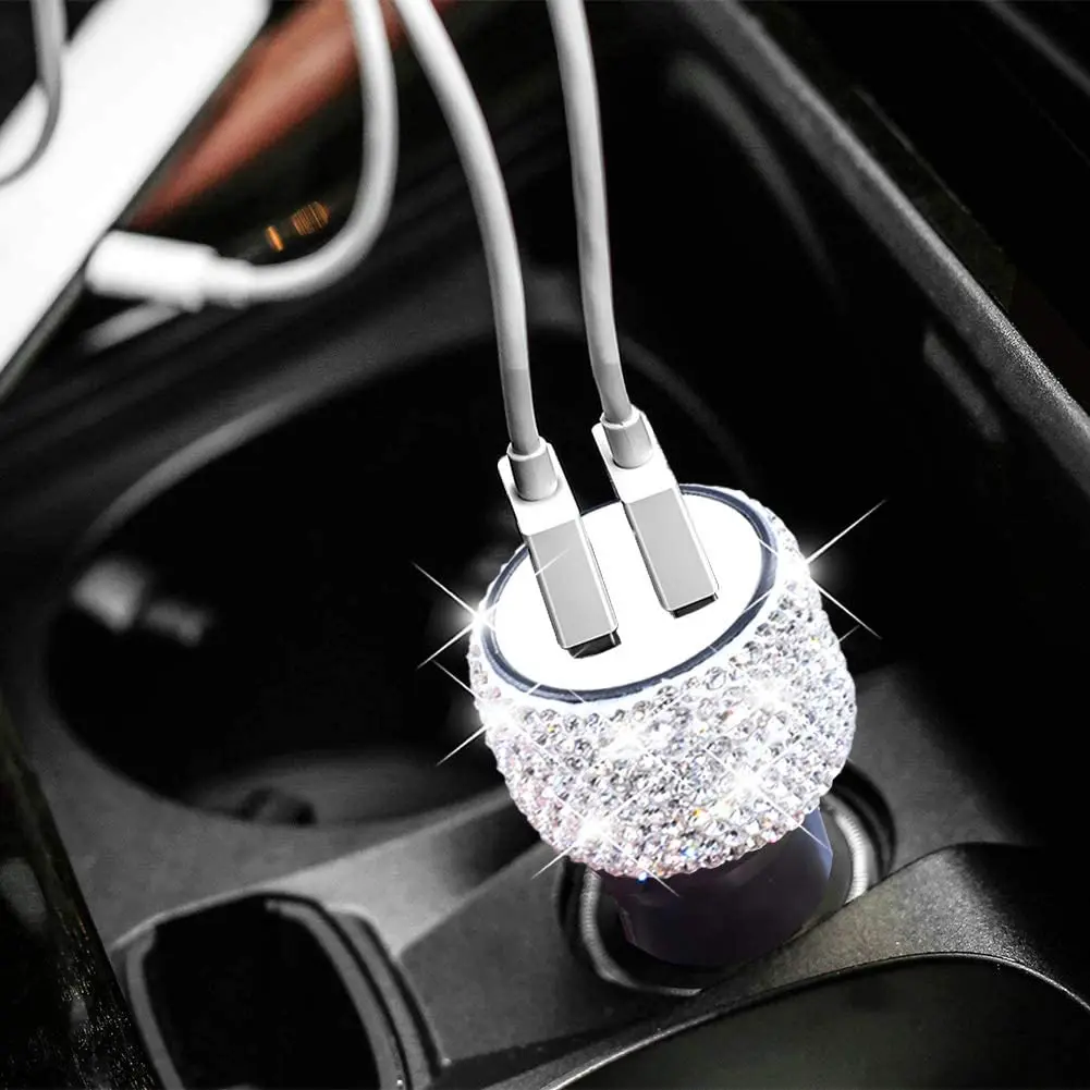 Dual USB Car Charger Diamond-mounted Bling Bling Handmade Rhinestones Crystal Car Decorations for Fast Charging Car Decors