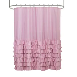 Pink Decorative Shower Curtain Set Luxury Waterproof Polyester Fabric Plain Lace Stitching Toilet Room Bath Curtain With 12 Hook