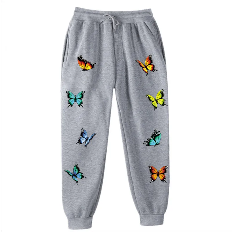 2023 New Butterfly Printed Elastic High Waist Harem Pants Capris Casual Loose Joggers Fashion Gray Long Trousers Women Pockets