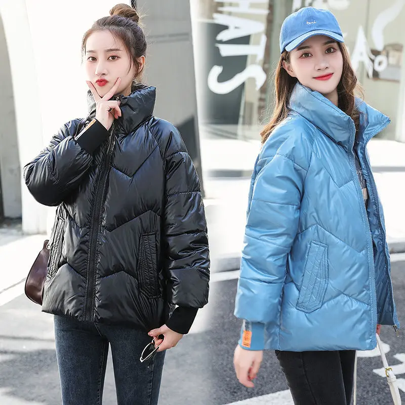 2021Women New Fashion Down Padded Jacket Female Winter Pure Color Zipper Korean Short Shiny Thickened Loose Padded Jacket A195Ch