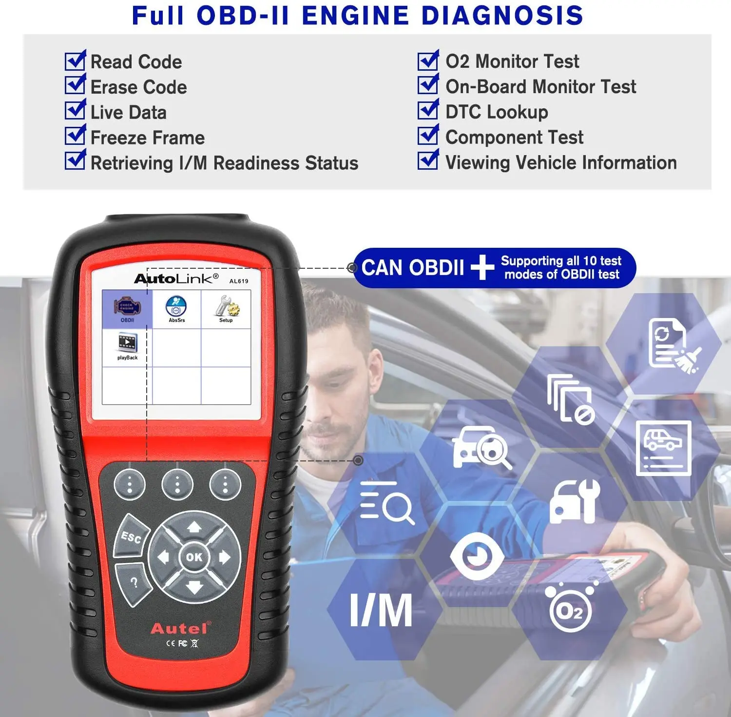 Autel Autolink AL619 Diagnostic Auto OBD2 Scanner Car Diagnostic Tool Engine,ABS,SRS Auto Multi Language Car Automotive Scanner