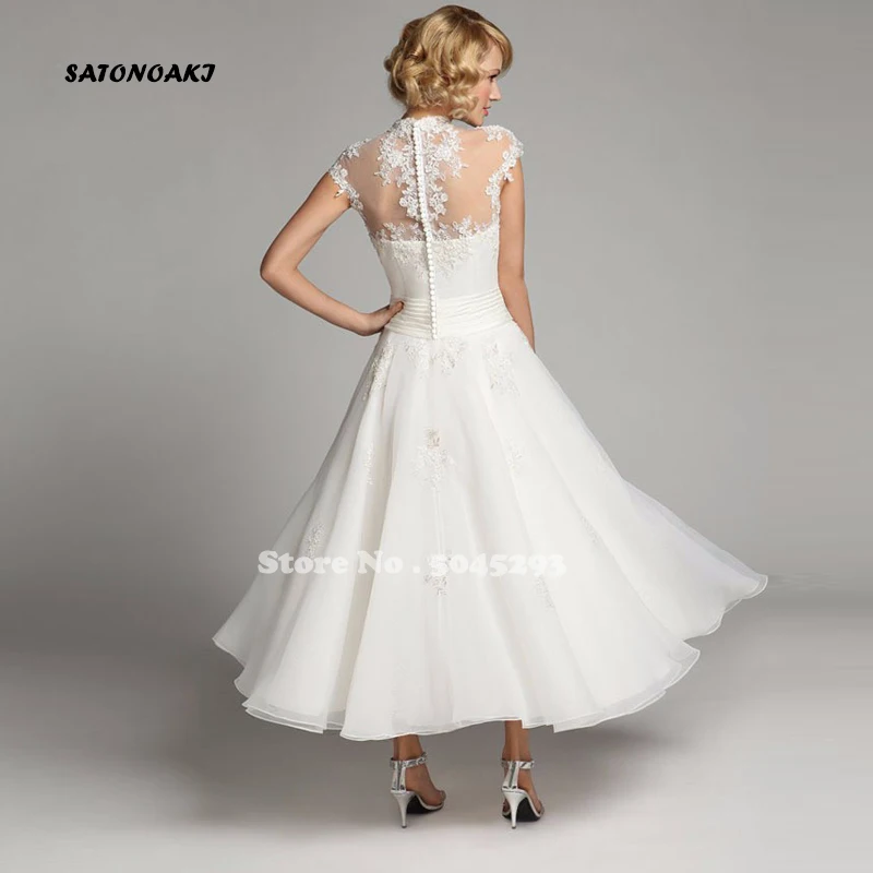 Gaun pernikahan pendek A-Line 2020 Romantis Vintage gaun pengantin elegan panjang pergelangan kaki gaun pengantin Vestido De Noiva Robe Mariage toko Online