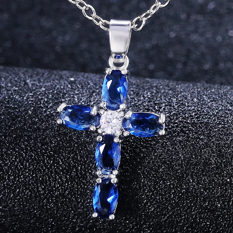 CAOSHI Gorgeous Blue Oval Cubic Zirconia Cross Pendant Necklace for Women Valentine\'s Day Gift for Girlfriend Charming Jewelry