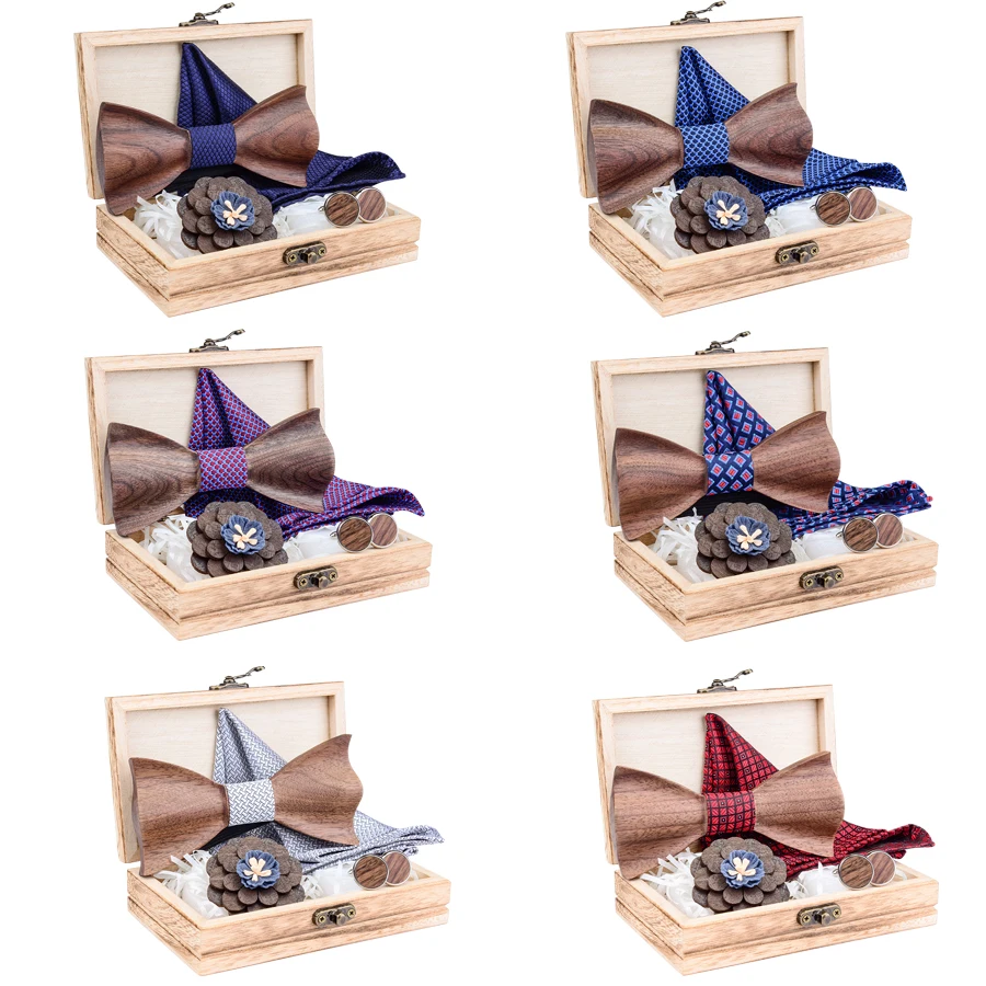 Ricnais New Original 100% Wooden Bow Tie Silk Floral Handkerchief Cuff Brooch Set For Mens Wedding Wood Bowtie With Box Gravata