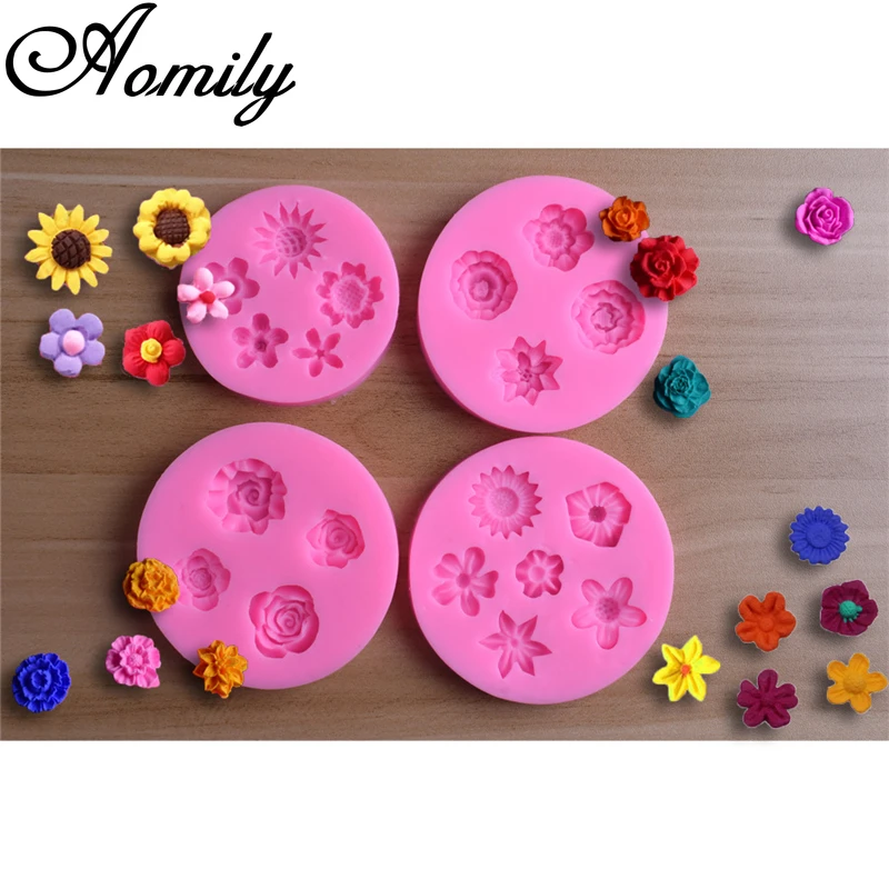 Aomily 4 Types Flower Patten Cake Silicone Molds Fondant Cake Decorating Tools Chocolate Candy Mold Resin Clay Mould Baking Tool