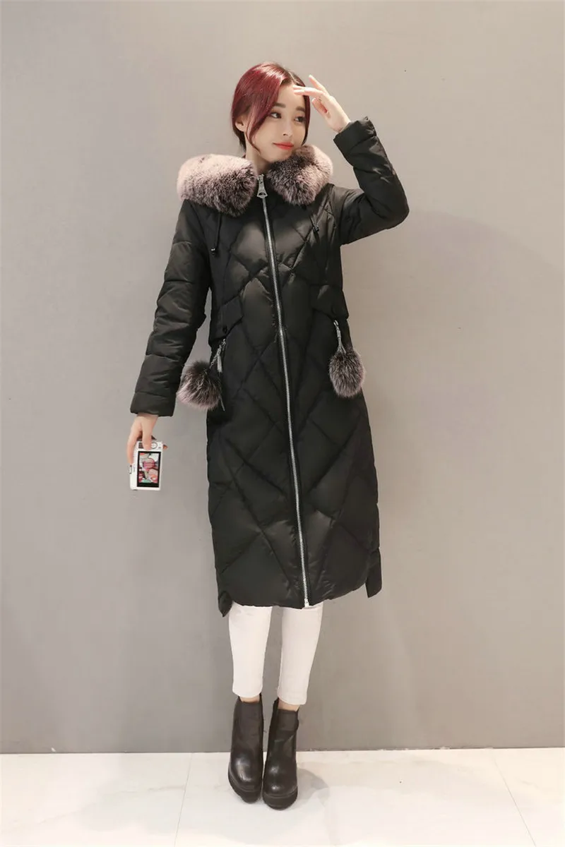 

White Womens Down Jackets Duck Women's Coat Fur Collar Hooded Winter Jacket Padded Women Long Parka Abrigo Mujer WXF406