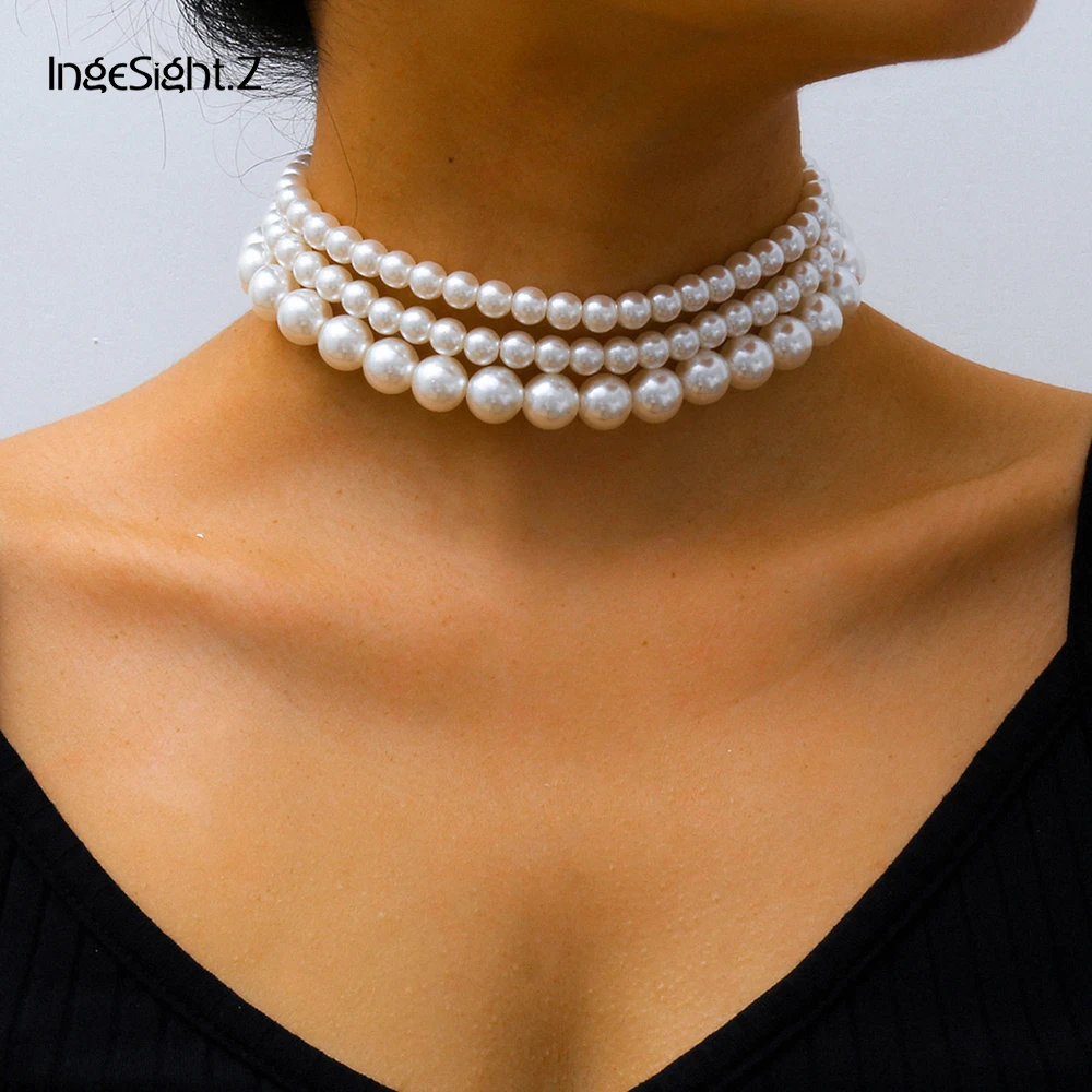 IngeSight.Z 3 sztuk/zestaw Boho wielowarstwowe imitacja perły Choker naszyjnik oświadczenie krótki kołnierz naszyjniki na obojczyk kobiety biżuteria