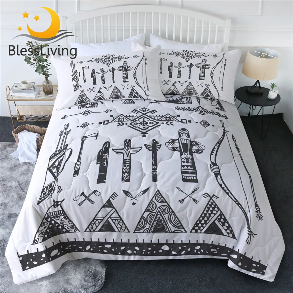 

BlessLiving Tribal Quilt Tent Air-conditioning Duvet Bow and Arrow Beding Set Full Size Ethnic Cool Blanket Feather Home Decor