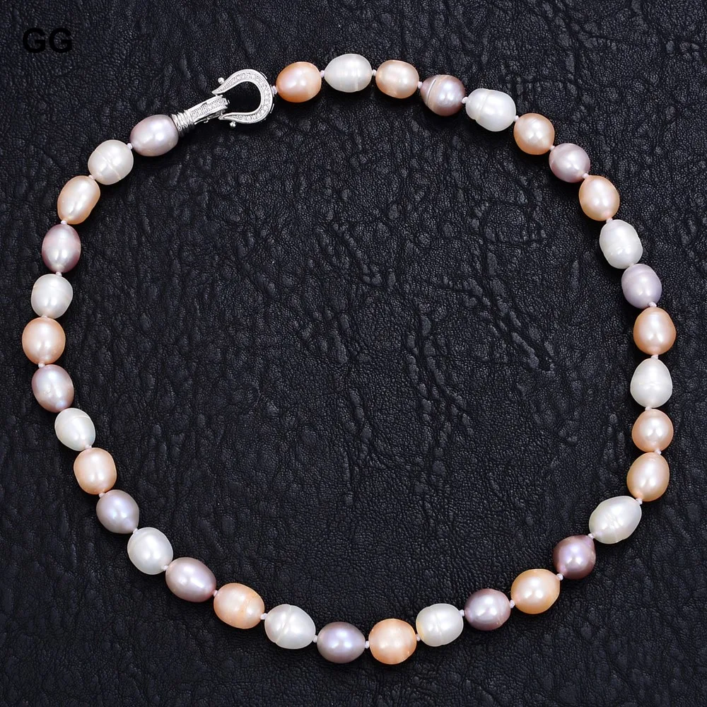 natural Freshwater Pearl Pink Purple White Rice Mixed Color Pearl Choker Necklace cz pave clasp For Women Girl Jewelry Gift