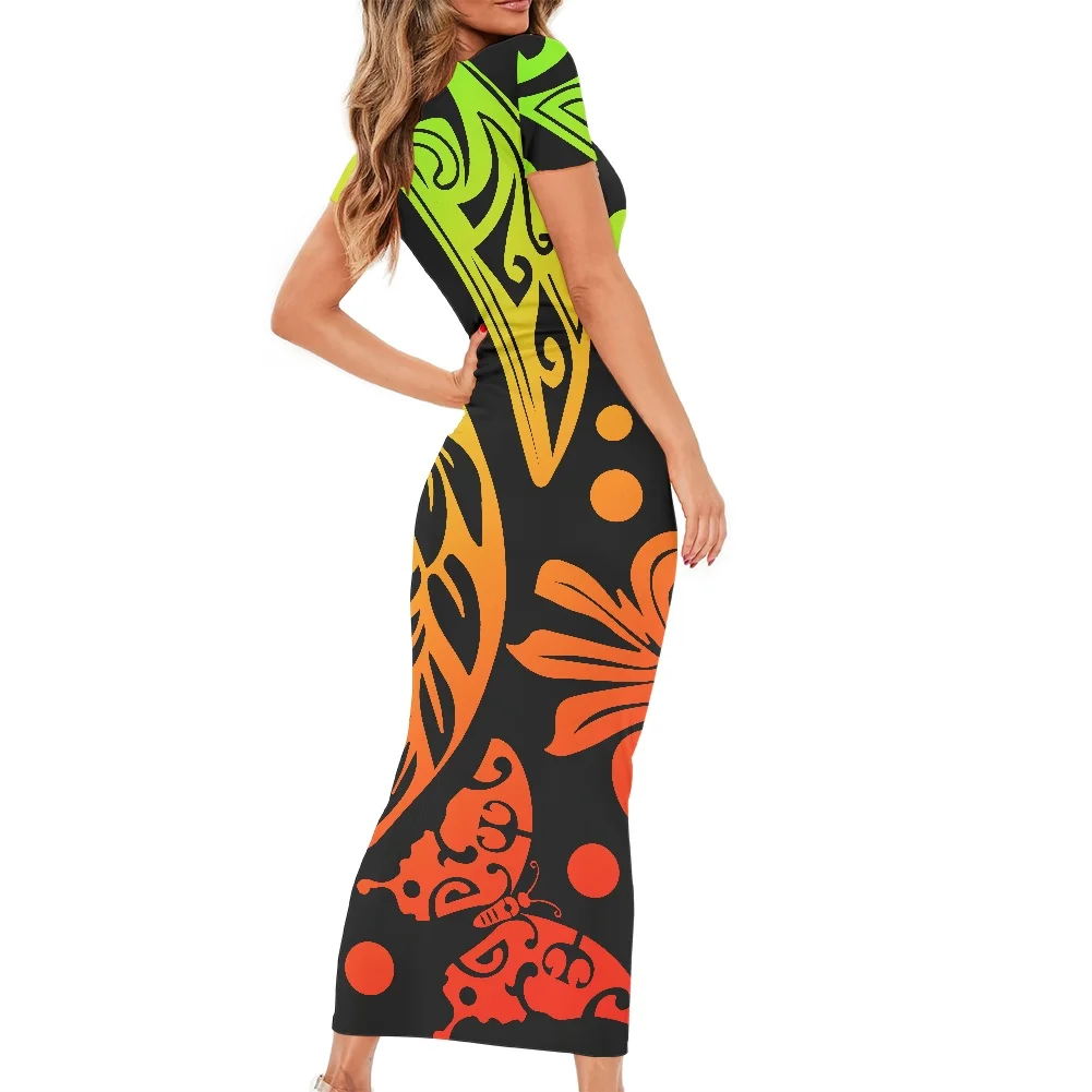 Polynesia Tribe Retro Yellow Pattern Print Hawaii Casual Fashion Style Summer Women Sexy Short Sleeve Round Neck Buttocks Dress