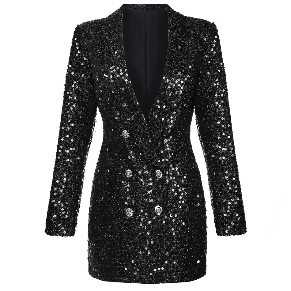 Imagem -03 - Blazer Vestido Lantejoulas Feminino Primavera Novo Duplo Prata Leão Botão Xaile Gola Brilhante Brilhante Preto Blazer Longo