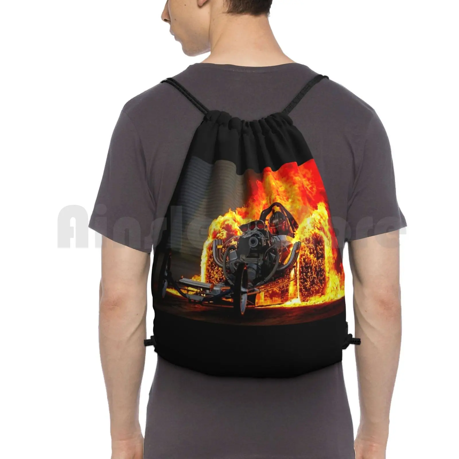 

Drag Race ; Vintage Automobile Burn-Out Print Backpack Drawstring Bags Gym Bag Waterproof Drag Race Burn Out Fire Wheels