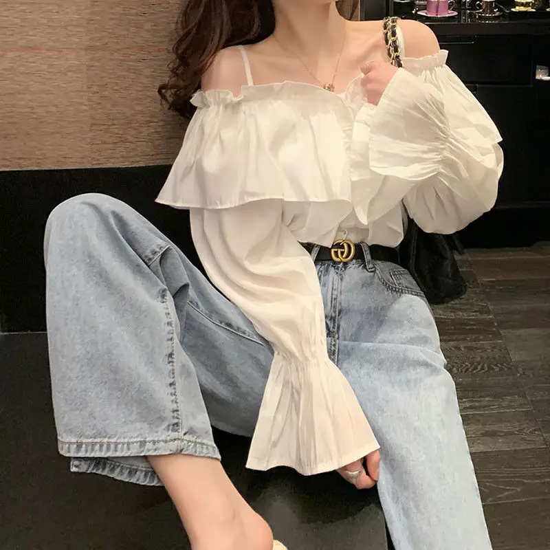 Blouse Women White off-Shoulder Sling Shirt Women's Spring Top Blusas Ropa De Mujer