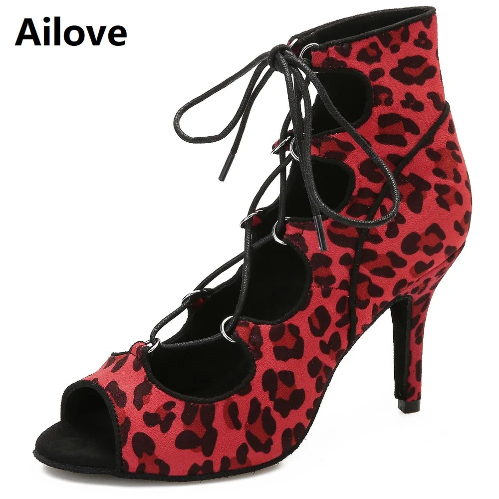 Ailove Women Social Ballroom Dance Boots Lace-up Latin Salsa Tango Dancing Shoes with Leopard Grain Velvet S066