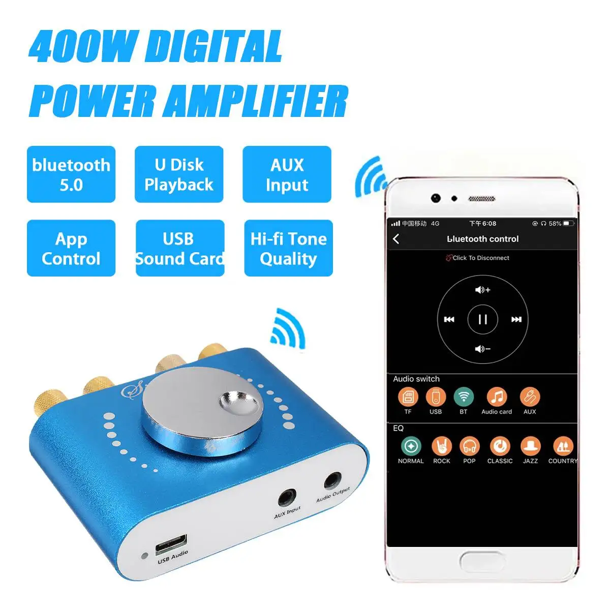 200W+200W 12V/24V Mini bluetooth 5.0 HiFi Digital Amplifier Stereo Audio 2.0 Channel Sound Amplifiers Power Amp for Home Car