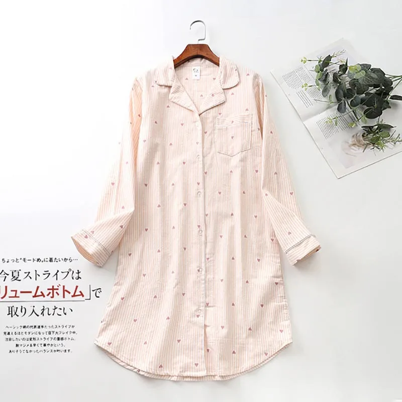 Autumn Winter New Ladies Loose Household Sleep Shirt Simple Style Cute Heart Women Household Dress Turn-Down Collar Casual Wear