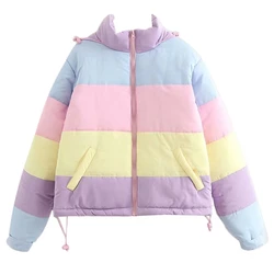 Women Winter Padded Puffer Jacket Rainbow Stripes Hooded Drawstring Zipper Coat