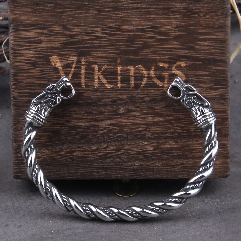 Stainless Steel Nordic Viking Norse Dragon Bracelet Men Wristband Cuff Bracelets with Viking Wooden Box