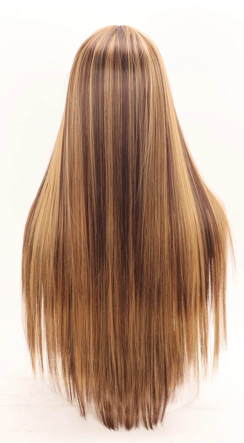 30 Zoll P4/27 Synthetische Perücke mit Pony, lange glatte Haarperücken für Damen, glatte, natürliche schwarze Perücken im Angebot, Piano-Farbperücke für Frauen – Detail 4