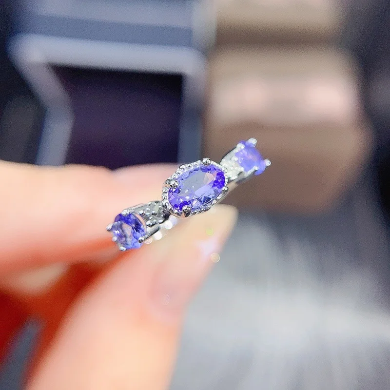Fashion Tanzanite Silver Ring Natural VS Tanzanite Ring for Girl Solid 925 Silver Tanzanite Engagement Ring for Lady
