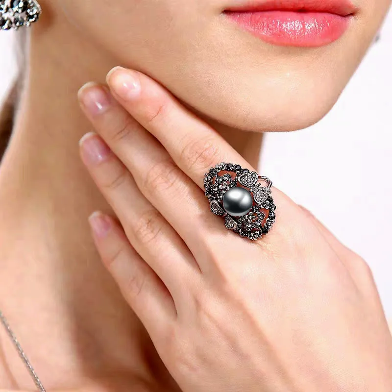 SINLEERY Vintage Gray Pearl Ring For Women Antique Silver Color Fashion Jewelry Wedding Rings