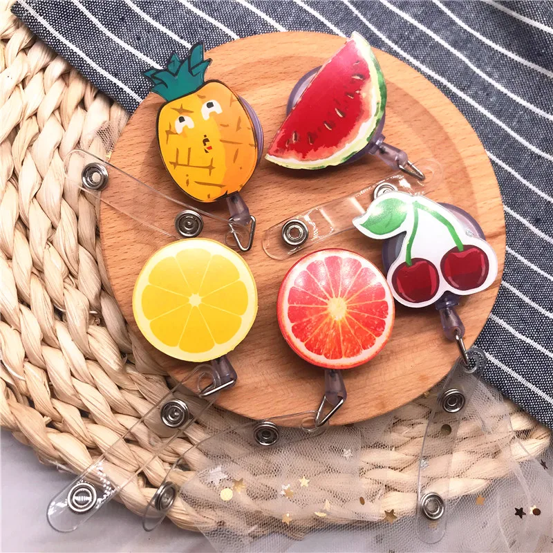

Wholesales 10Pcs/Lot New Design High Quality Acrylic Retractable Nurse Badge Reel Fruit Name Tag student ID Badge Holder Clip