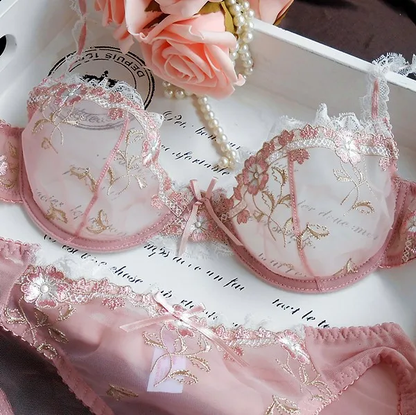 Rocwickline New Summer and Autumn Women's Bra set Back Closure Tow Hook-and-eye Lolita Style Lace Embroidery Bow Bar set