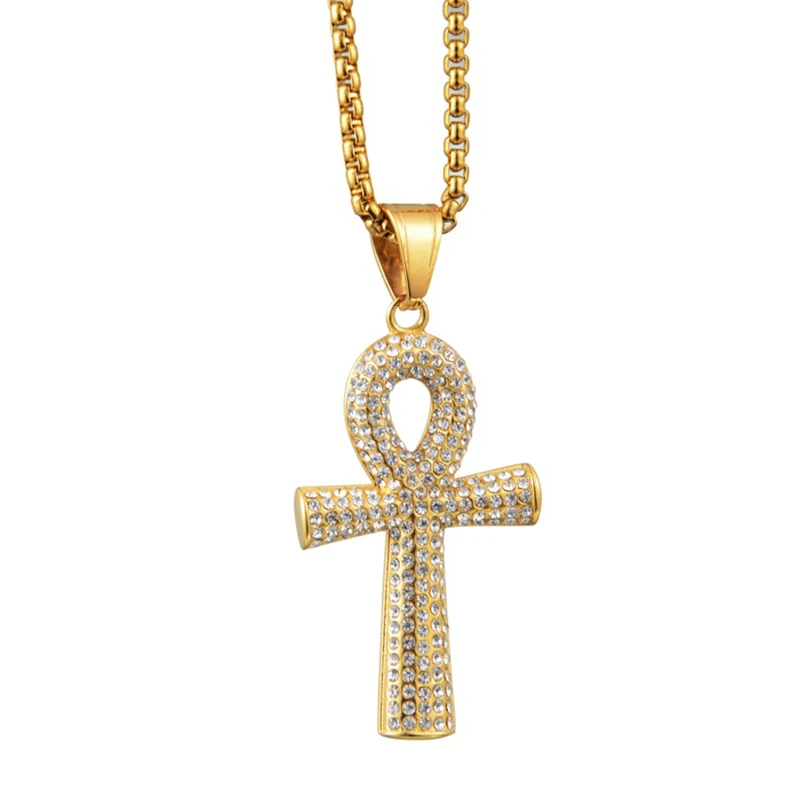 Egypt Iced Out Ankh Cross Pendant Gold Color Stainless Steel Hieroglyph Necklace For Women Men Egyptian Fashion Jewelry Gift