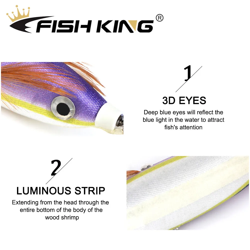 FISH KING Fishing Lure 8cm 10g Squid Hook Luminous Wobblers Jigs Octopus Cuttlefish Wood Shrimp Hard Baits 3D Eyes