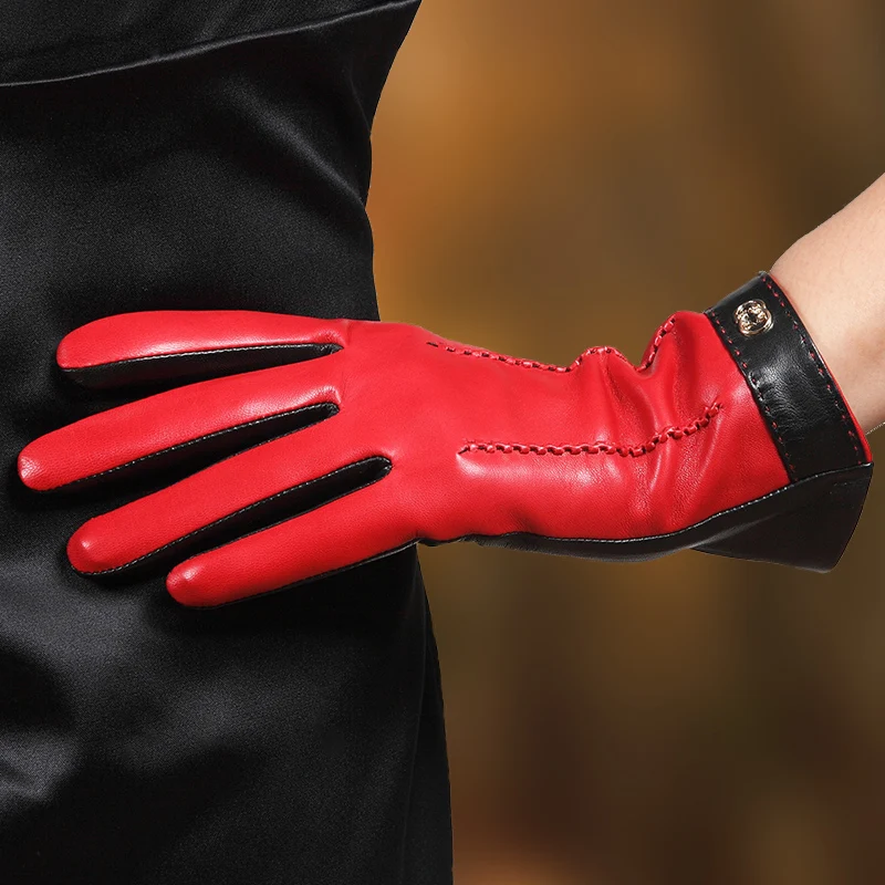 

Женские перчатки из натуральной кожи, модные двухцветные перчатки с сенсорным экраном, зимние утепленные теплые перчатки из овчины, женские перчатки L169NC2