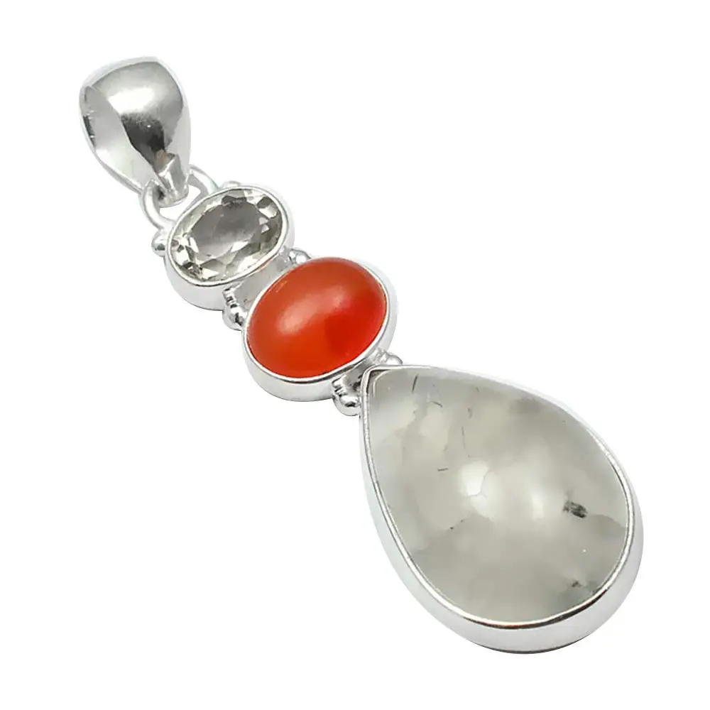 

Genuine Prehnite + Carnelian Pendant 925 Sterling Silver, 53.3 mm, 2SP0087