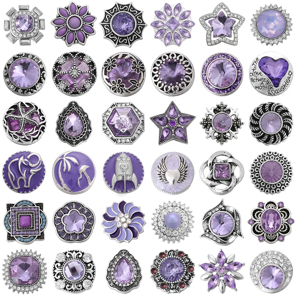 5pcs/lot New Snap Jewelry Purple Crystal Rhinestone Owl Fower 18mm Metal Snap Buttons Fit DIY 18mm Snap Bracelet Necklace
