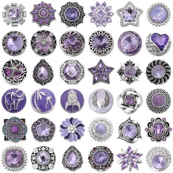 5pcs/lot New Snap Jewelry Purple Crystal Rhinestone Owl Fower 18mm Metal Snap Buttons Fit DIY 18mm Snap Bracelet Necklace