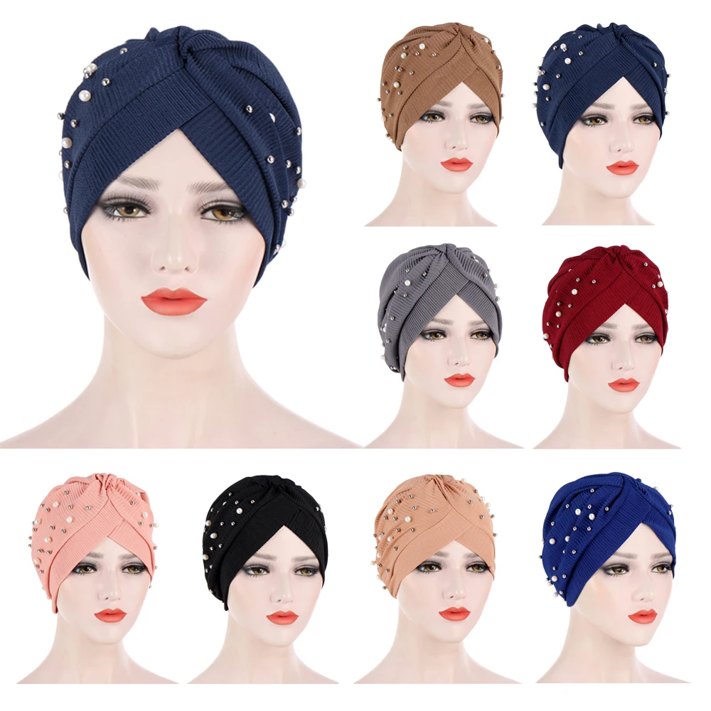 

Muslim Women Ruffle Bead Turban Hat Hijabs Scarf Banadans Cancer Chemo Beanie Caps Headwear Headwrap Ladies Hair Accessories New