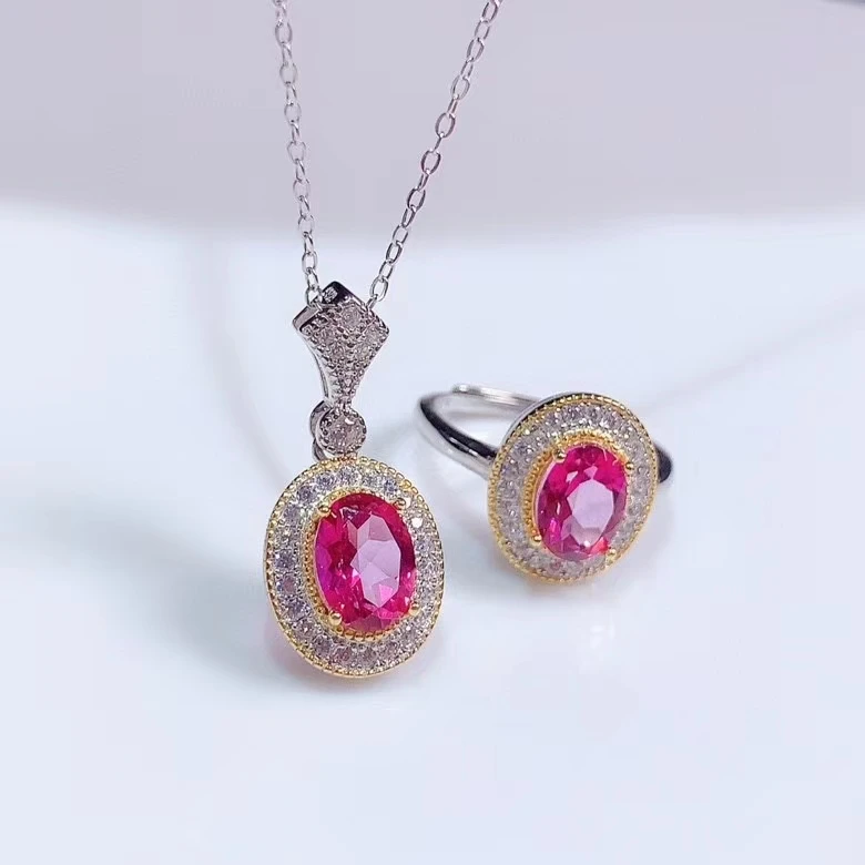 

charming red topaz gemstone ring and necklace jewelry set 925 sterling silver natural gem big size girl party birthday present