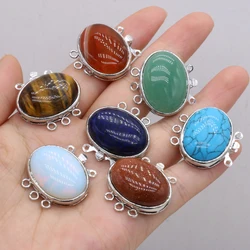 Natural Stone Brooches Egg Shape Tiger Eye Opal Agates Pendant Connector for DIY Necklace Making Jewelry Brooch Gift 26x26mm