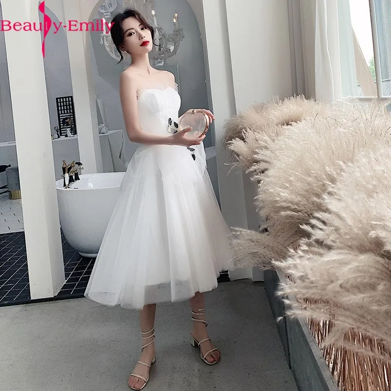 

Beauty Emily White Sexy Strapless Short Evening Dress Luxury Tulle A Line Women Formal Party Gown Vestidos Many Colors Available