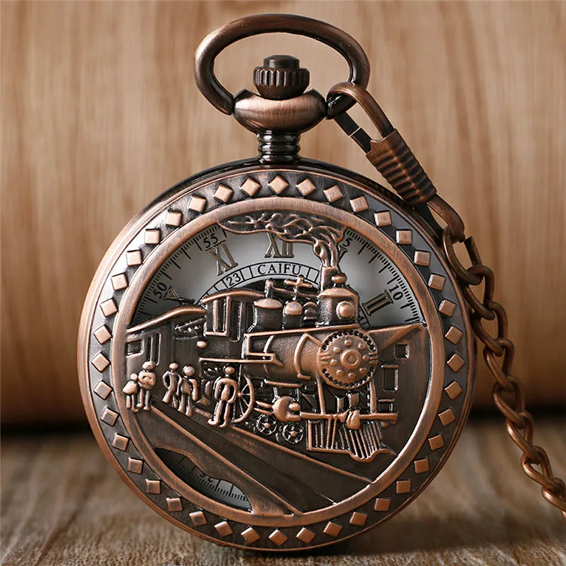 Reloj de bolsillo mecánico de cuerda manual para hombres y mujeres, locomotora, reloj de esqueleto de tren hueco, colgante, cadena FOB, regalo de moda antigua